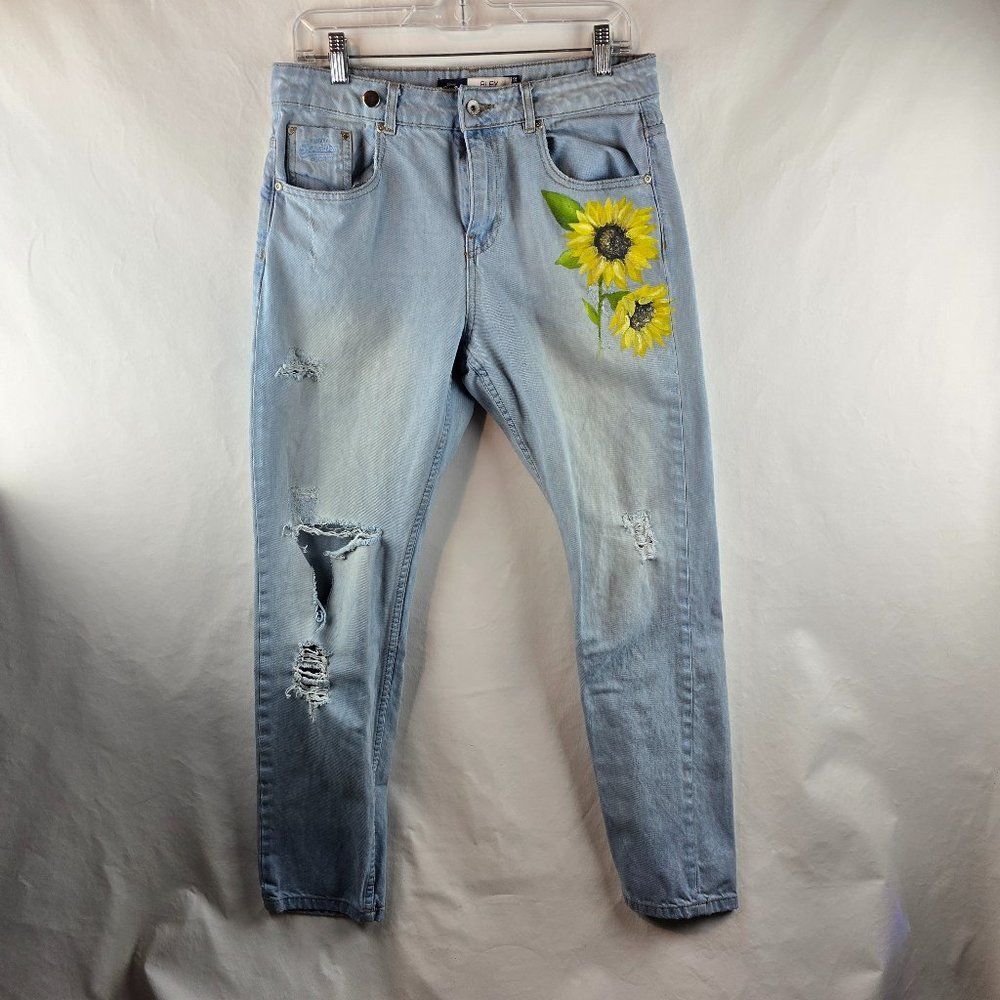 SuperDry Jeans Womens 32x30 Blue Denim Riley Girlfriend Sunflower Distressed